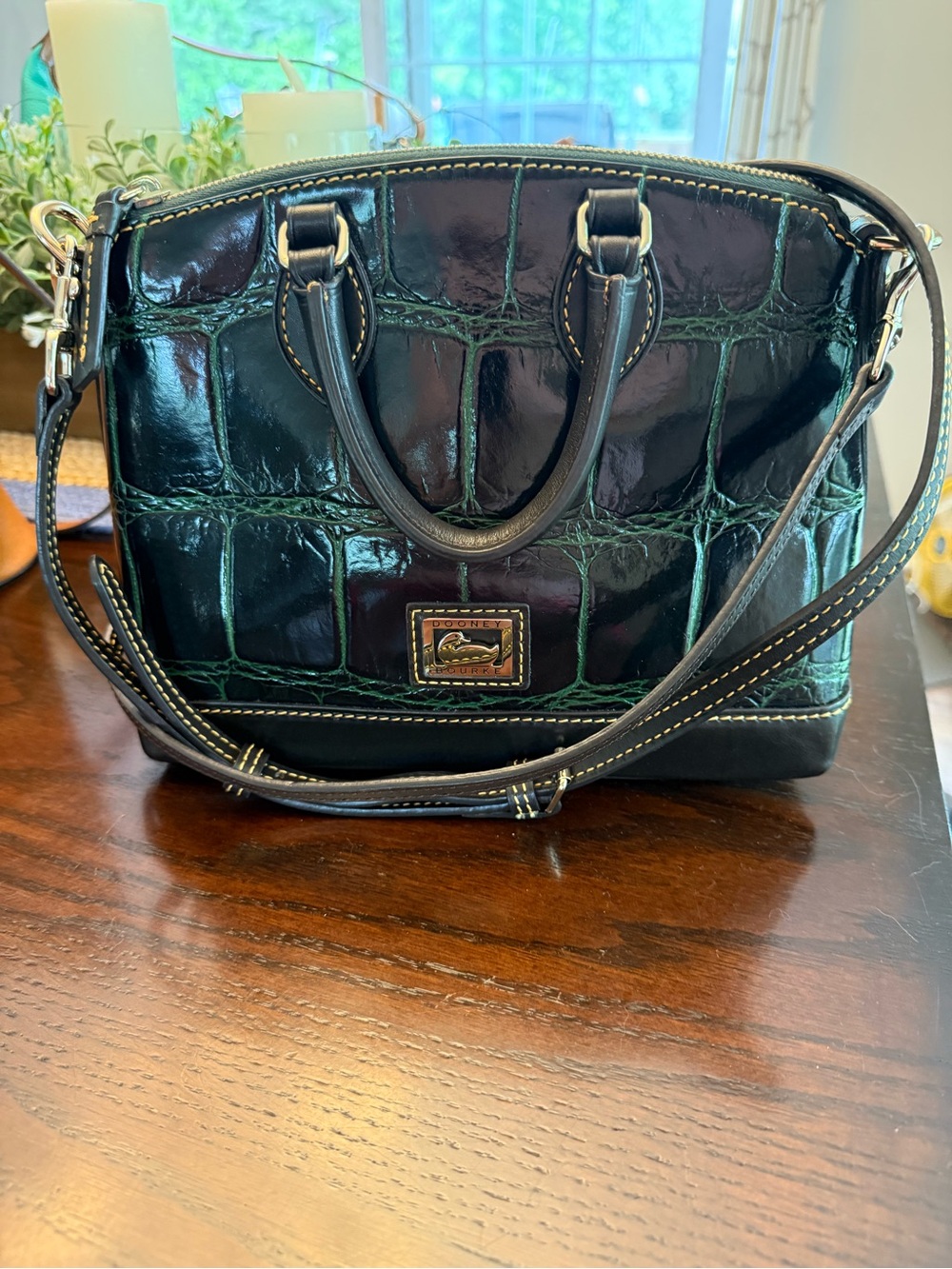 Dooney & Bourke Green Croc-Embossed Leather mini Dillen Satchel Dark Brown Trim - Picture 2 of 16